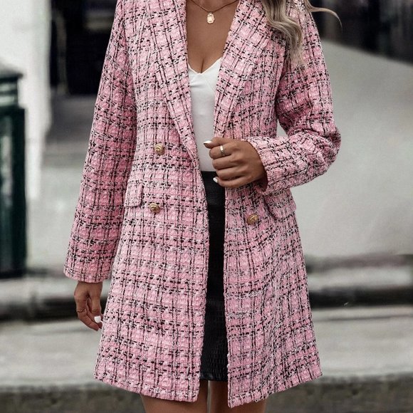Pink Preppy Womens Plaid Pattern Double Breasted Tweed Overcoat - Picture 3 of 5